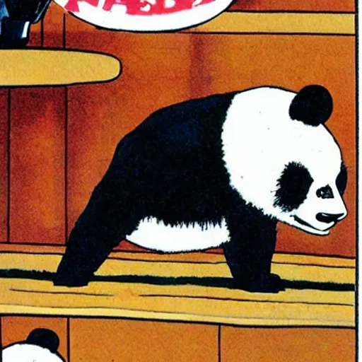 Prompt: a humorous full - color comic illustration from a 1 9 7 0 s issue of mad magazine in which an anthropomorphic panda walks into a bar and then eats, shoots, and leaves.