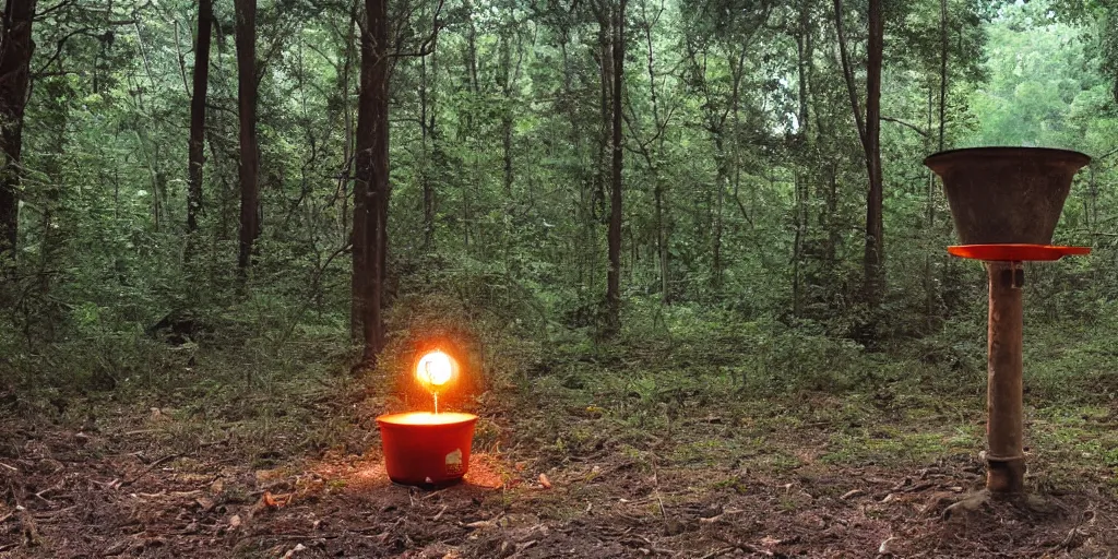 Image similar to a well with glowing orange light emanating from it in the middle of an abandoned forest in dnd