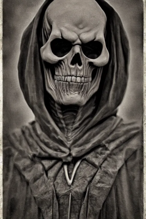 Image similar to skeletor, portrait, full body, symmetrical features, silver iodide, 1 8 8 0 photograph, sepia tone, aged paper, sergio leone, master prime lenses, cinematic