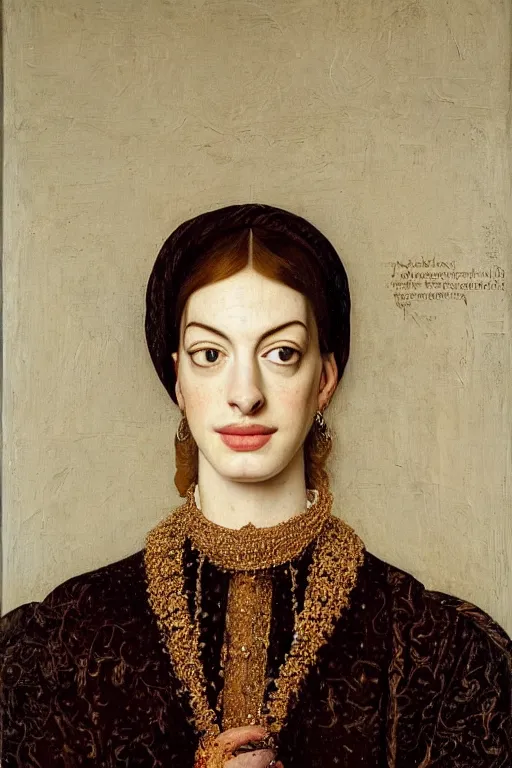 Image similar to stunning portrait of anne hathaway, oil painting by jan van eyck, northern renaissance style, oil on canvas, wet - on - wet technique, realistic, expressive emotions, detailed textures, illusionistic detail