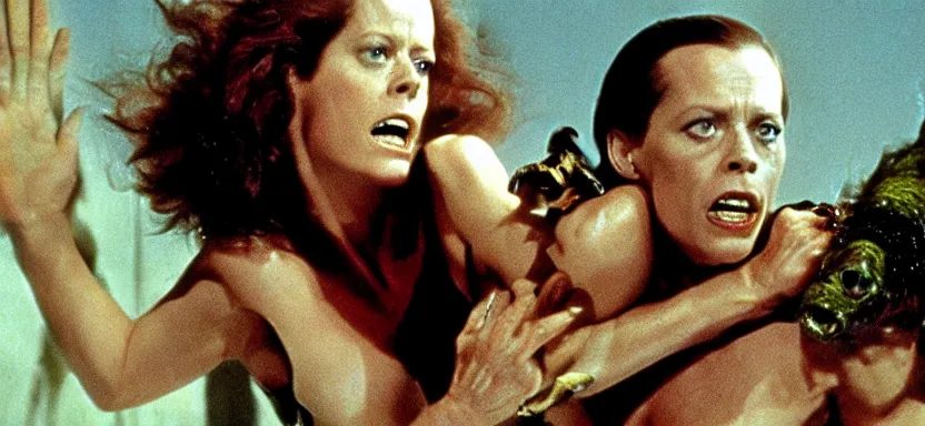 Image similar to sigourney weaver fighting a monster in a film still from a roger corman film, hyperrealistic