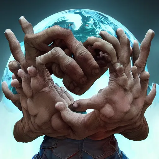 Image similar to two demonic hands hold planet earth, artstation