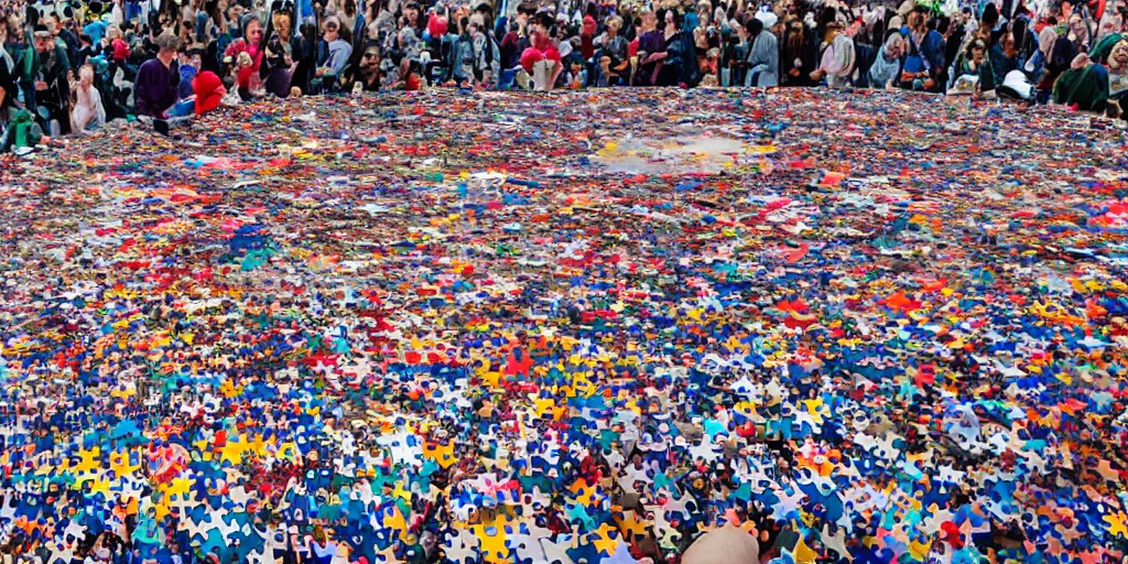 Image similar to a giant jigsaw puzzle being put together by a crowd of tiny people