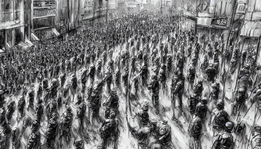 Image similar to few police lined up, standing against the crowd of protesters with blank posters, сlear sky, concept art, intricate details, highly professionally detailed,, highly detailed -