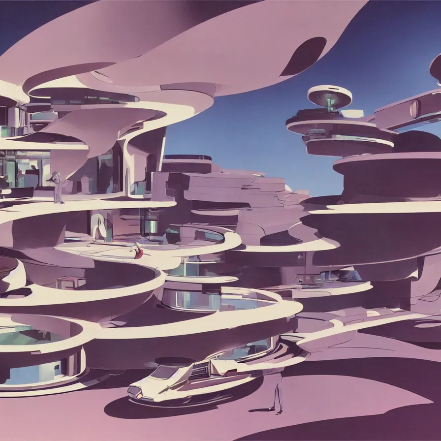 Prompt: concept art of jetsons cartoon scenario of a futuristic house, painted by syd mead