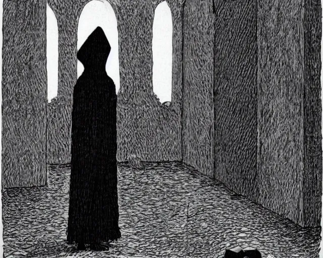 Image similar to dark mage stands before the keep of poisoned tears by edward gorey,