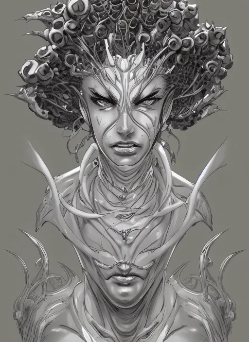 Image similar to a detailed face portrait of the queen of blades, line art, by yusuke murata, by hiroya oku, trending on artstation