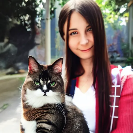 Prompt: a photorealistic girl holding an anime cat