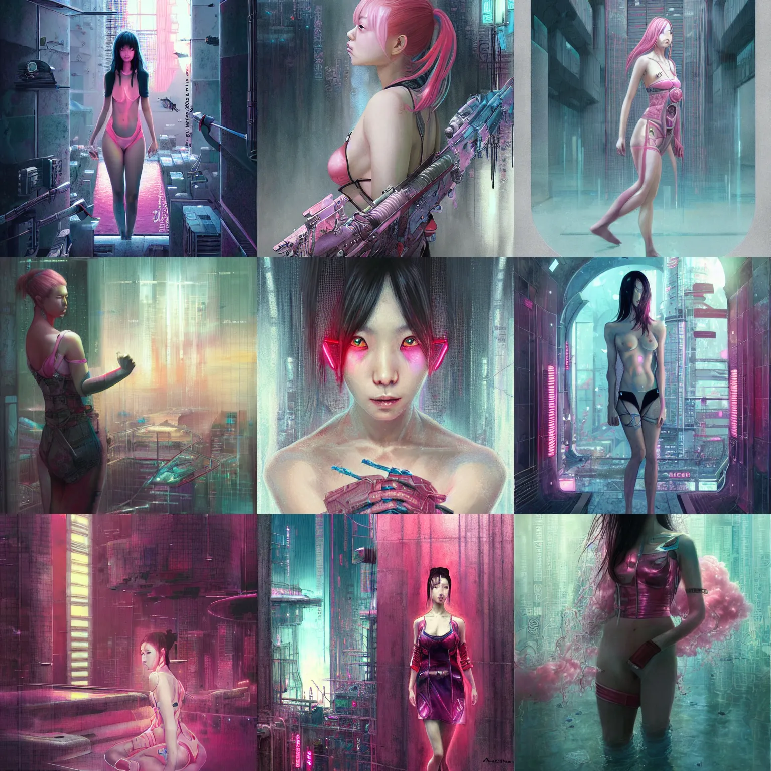 Prompt: lee jin - eun emerging from pink water in cyberpunk theme by andrew ferez, rule of thirds, seductive look, beautiful