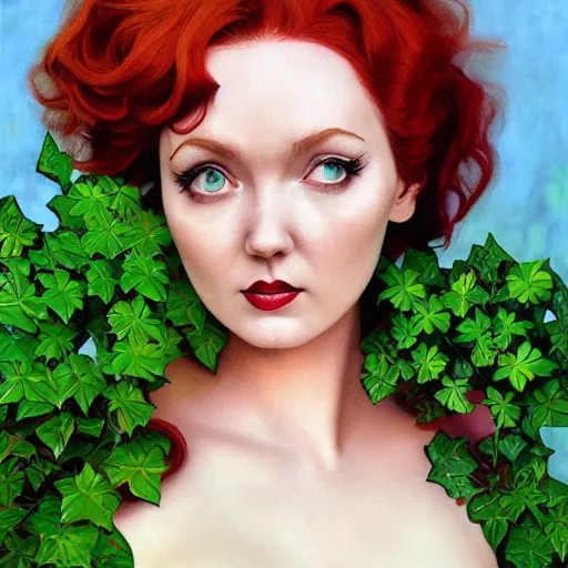 Image similar to portrait of lily cole as poison ivy, wearing a green dress and floral growths, epic details by alex ross