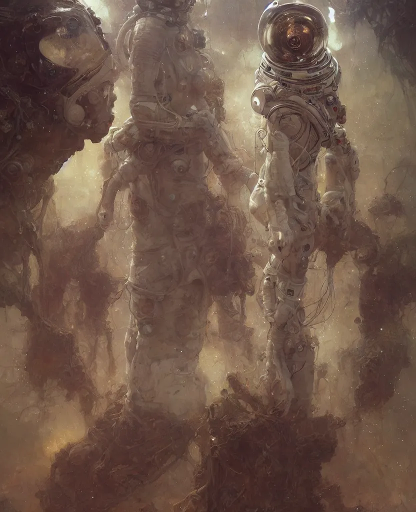 Image similar to realistic photography of a flesh totem of astronauts wearing dirty and moldy space suits, deep focus, intricate, elegant, highly detailed, foggy, misterious, digital painting, artstation, concept art, matte, sharp focus, illustration, art by artgerm and greg rutkowski and alphonse mucha