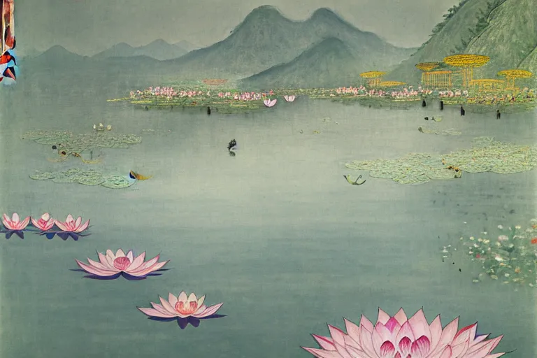 Image similar to an ultradetailed landscape painting of westlake in china hangzhou, lotus, may flowers blossoms nearby, fine wind, chinese water color, smooth, sharp focus, illustration, by hilma af klint, 8 k