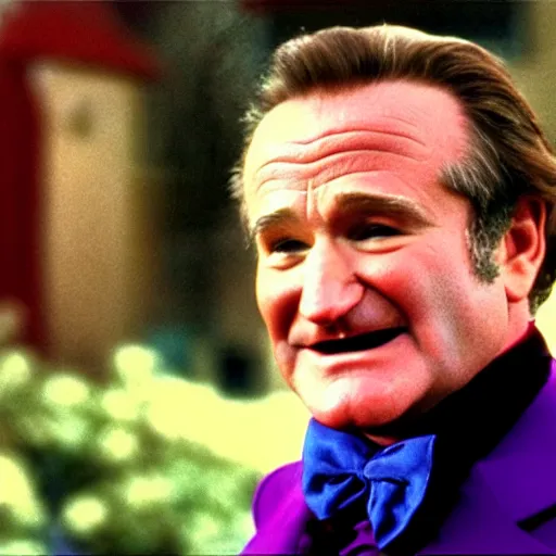 Image similar to stunning awe inspiring robin williams as willy wonka, movie still 8 k hdr atmospheric lighting