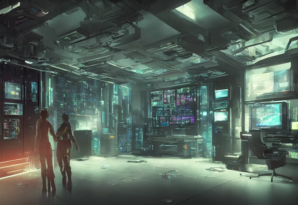 Image similar to cyberpunk server room in datacenter is the universe, dramatic lighting by barclay shaw style, by evan rhodes artstation style, human like a cyborg, cyberpunk character design, walking in server room, octane render 8 k, beautiful composition, ultra high details, professional master piece