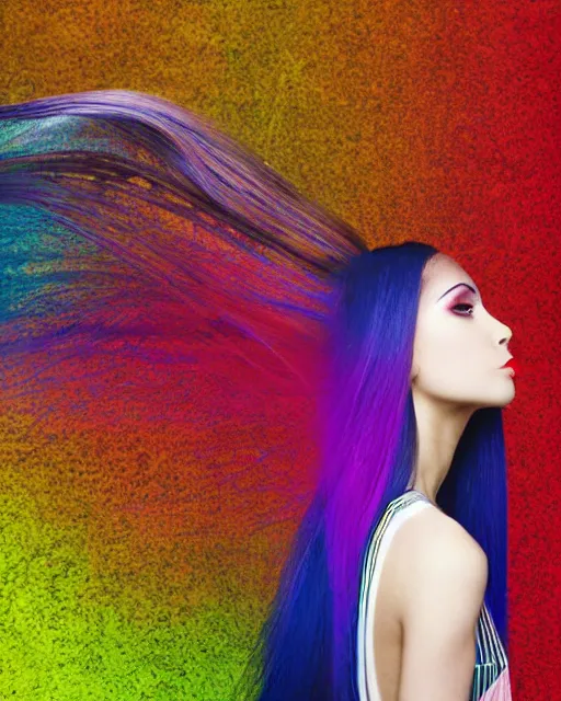 Image similar to dynamic pantene lux hair flip, chic graphic street fashion model, color interference, high fashion photograph portrait, isolated background, WLOP, Alexis Franklin, Felipe Pantone