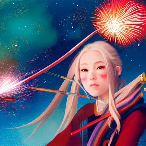 Image similar to colorful and festive captivating teenager girl with blonde hair, red japanese traditional clothes, shooting a firework with bow and arrow at the sky. rich vivid colors, ambient lighting, dynamic lighting, 4 k, atmospheric lighting, painted, intricate, highly detailed by charlie bowater