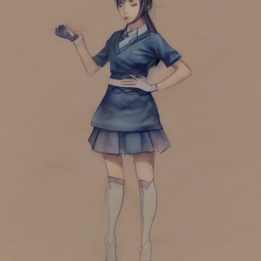 Prompt: a perfect, realistic professional digital sketch of a Japanese schoolgirl in style of Marvel, full length, by pen and watercolor, by a professional American artist on ArtStation, a hollywood-style sketch, on high-quality paper