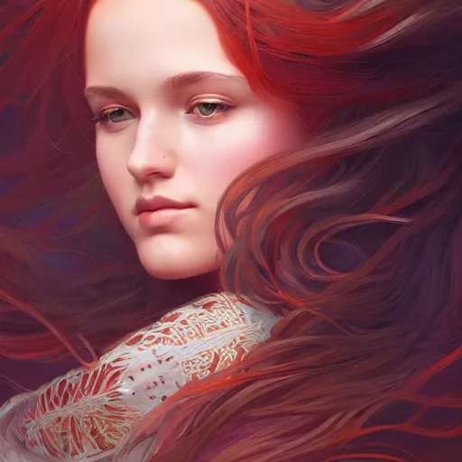 Image similar to girl with super long hair, hair becoming autumn red leaves, intricate, highly detailed face!!, digital painting, artstation, concept art, smooth, sharp focus, illustration, unreal engine 5, 8 k, art by artgerm and greg rutkowski and alphonse mucha