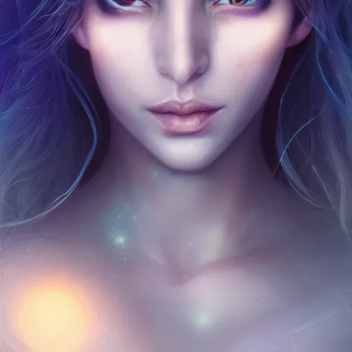 Prompt: masterpiece digital painting realistic portrait of beautiful elf goddess, 3 0 years woman, close face view, soft face, moonlight, elf forest background, at night, by luis royo, artstation, deviantart, unreal engine, 8 k, cinematic lights, dark blue purple tones, aura effects, light sparks