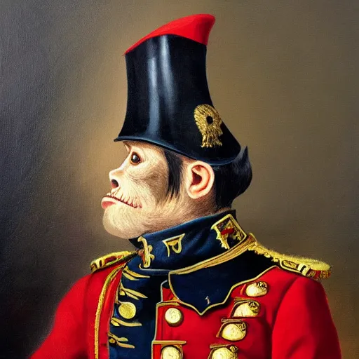 Image similar to An exquisite modern painting of a chimpanzee dressed like a bearded Napoleon with correct military uniform, no frames