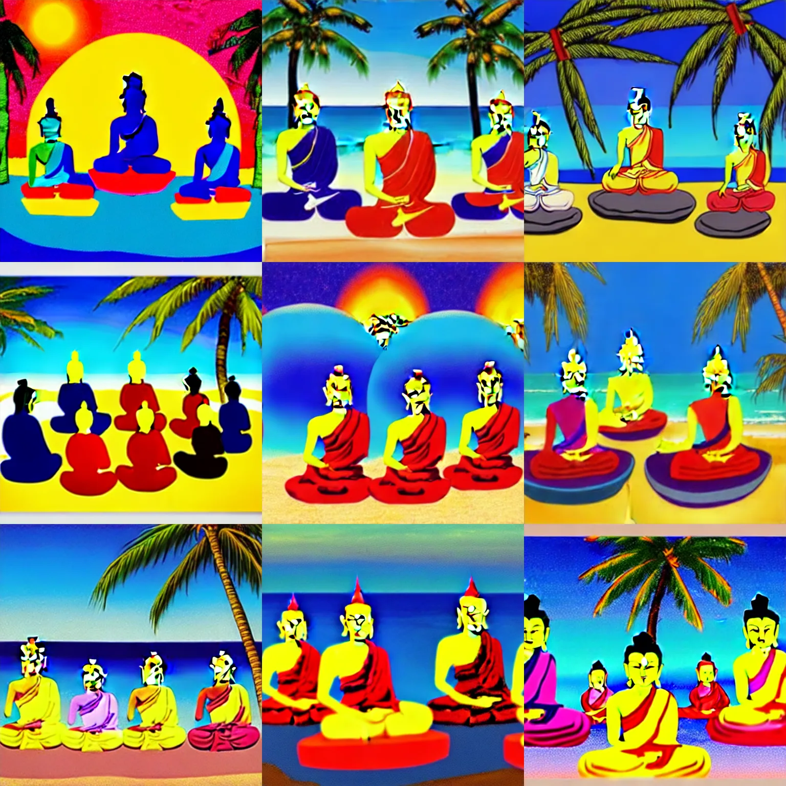 Prompt: five buddhas sitting in a circle around a campfire at the beach with palm trees in the back, vibrant color, detailed