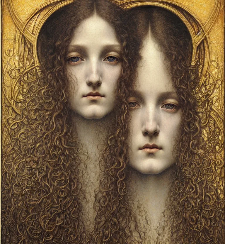 Image similar to detailed realistic beautiful young medieval queen face portrait by jean delville, gustave dore and marco mazzoni, art nouveau, symbolist, visionary, gothic, pre - raphaelite. horizontal symmetry