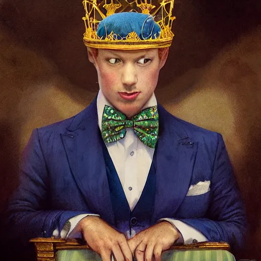 Prompt: an indigo bunting bird wearing a crown and bowtie, he's emperor of the world by greg rutkowski, rossdraws, gil elvgren, enoch bolles, anime, very coherent