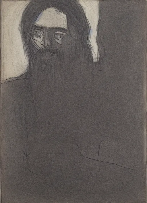 Image similar to portrait of a 23 year old man with long dark hair and a beard looking down on a canvas he is holding on his lap,charcoal drawing, psychedelic, in a minimalistic style