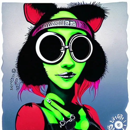 Image similar to cybergoth girl wearing goggles and eclectic jewelry, by jamie hewlett,