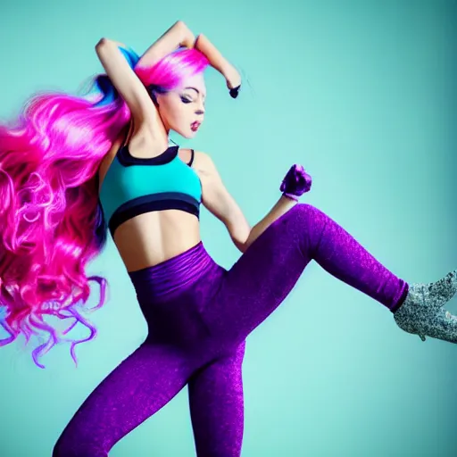 Image similar to a award winning full body shot of a beautiful woman in a croptop and gloves and leggings with a ombre purple pink teal hairstyle with head in motion and hair flying, outrun, vaporware, vivid colors, highly detailed, fine detail, intricate