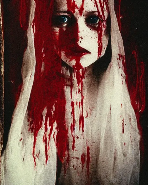 Prompt: an instant photo of a beautiful but sinister ghost in layers of fear, with violence in his eyes, 1 9 7 0 s, seventies, woodlands, delicate embellishments, a little blood, crimson, painterly, offset printing technique, mary jane ansell