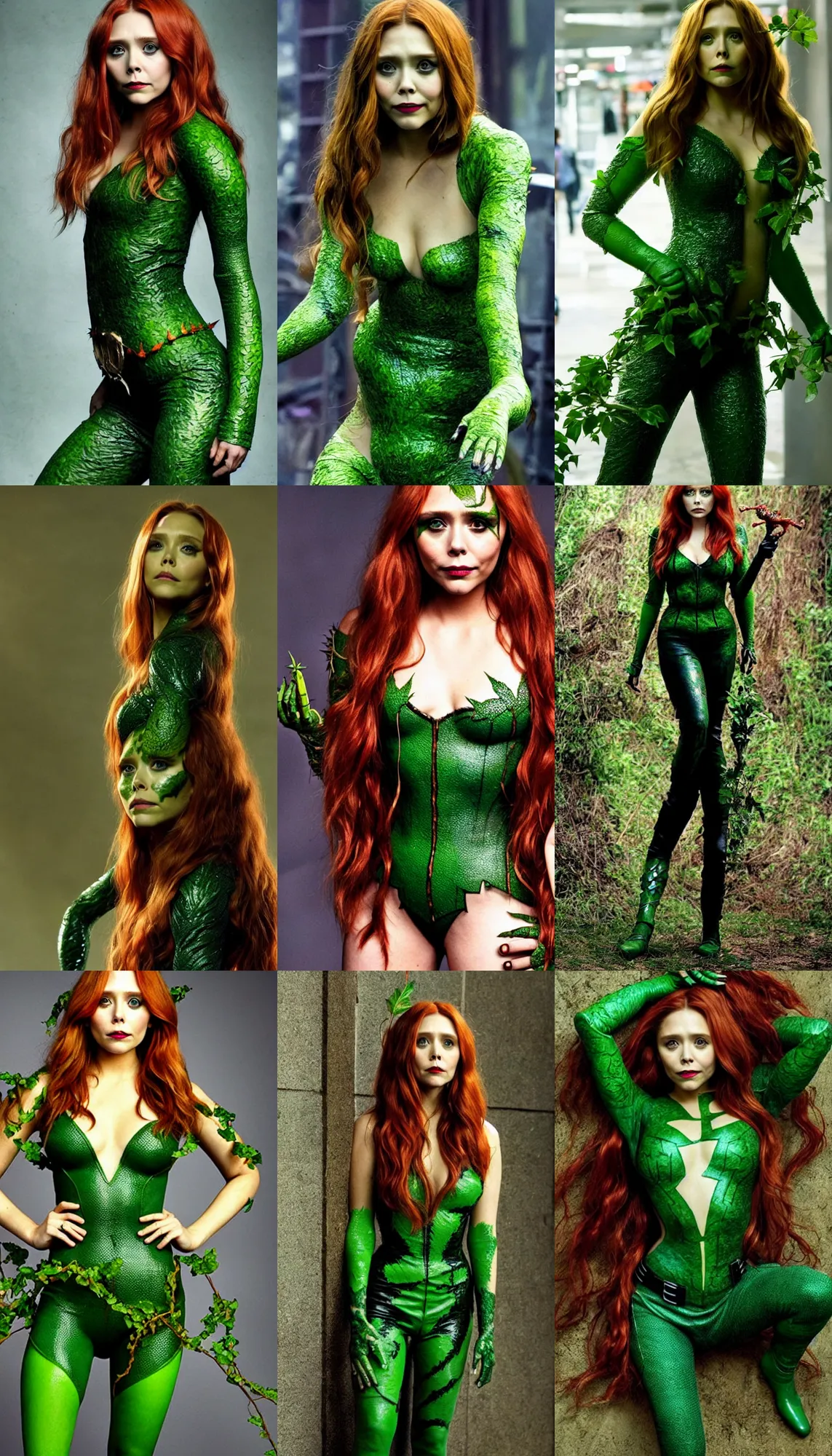 Prompt: elizabeth olsen as Poison Ivy, full body