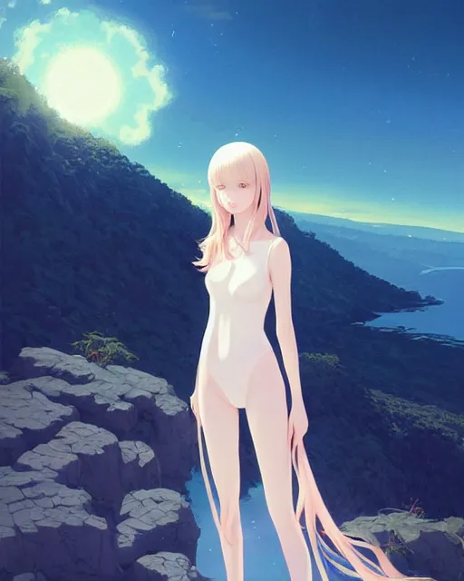 Image similar to infinitely detailed full - body portrait pale female peaceful dream angel wearing elegant clothes. beautiful! scenery art! by wlop & murata range, by ilya kuvshinov. artstation!! / pixiv!!