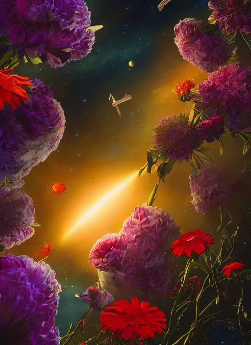 Image similar to An epic fantastic realism comic book style painting of the most beautiful flowers launched into space, bouquets, fisheye lens, unreal 5, DAZ, hyperrealistic, stars in the night sky, octane render, dynamic lighting