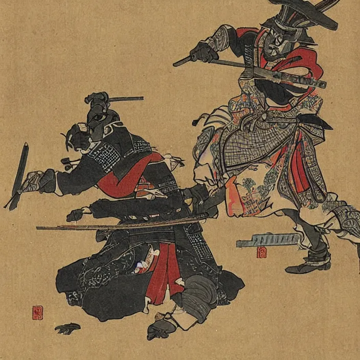 Image similar to a samurai firing a machine gun