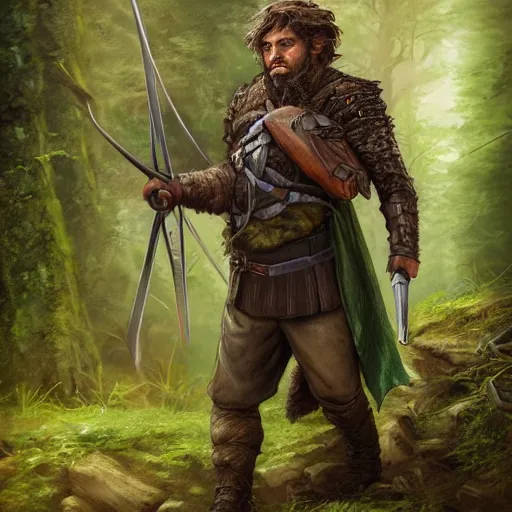 Image similar to a rugged warrior hobbit in leather armor with very short hair and a dark green cloak hiking through the forest holding a hunting bow, clean shaven, trending on artstation, realistic, detailed, by Tony Sart