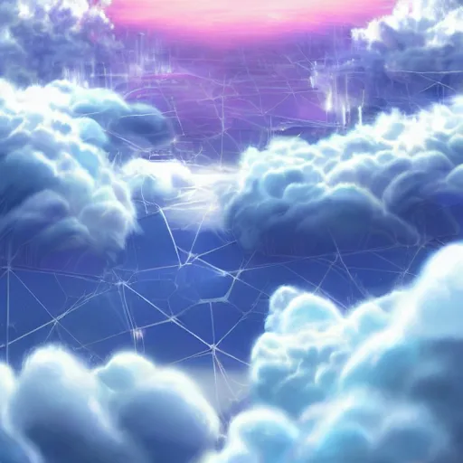 Image similar to this is a beautiful surreal scenery artwork from pixiv. it includes gigantic living inside network of cloud computing material, cloud buildings with internal computer infinites. god lighting, rays, sublimely cold color palette. insanely detailed, artstation!! pixiv!! infinitely detailed