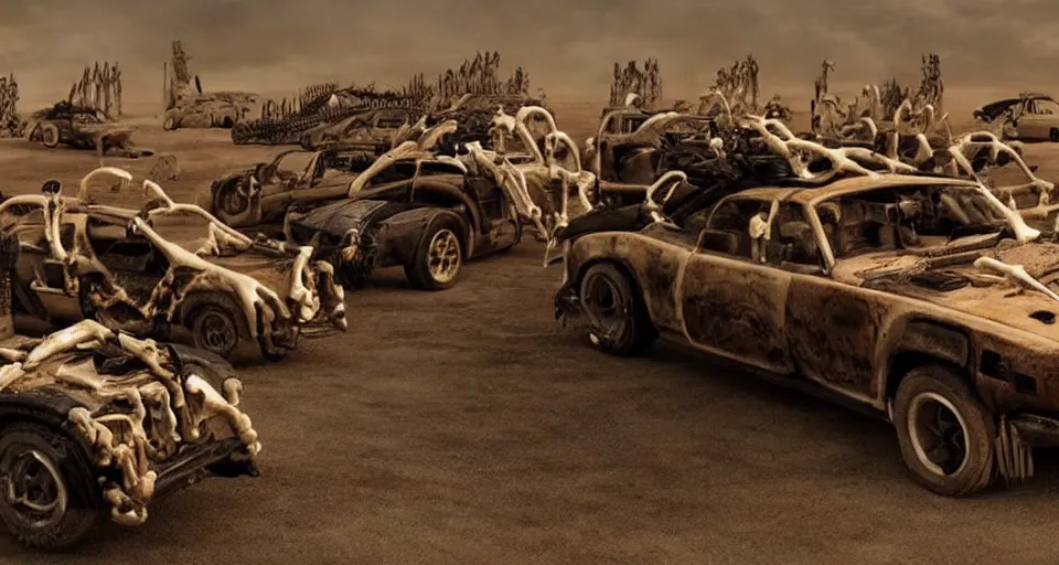 Image similar to mad max cars made out of bones, horns and shells, cinematic lighting,