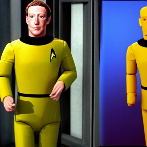 Image similar to a still of mark zuckerberg as data the android in star trek : the next generation ( 1 9 8 7 ), wearing a yellow star trek uniform