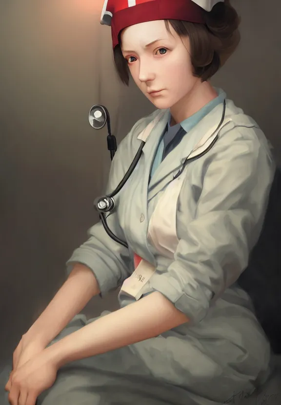 Prompt: a portrait of a tired female nurse in world war 2, 1 9 4 0 setting, vivid colors, soft lighting, atmospheric, cinematic, moody, in the style of ilya kuvshinov, range murata, krenz cushart and alyssa monk, hyperrealism, rule of thirds, oil on canvas, 8 k