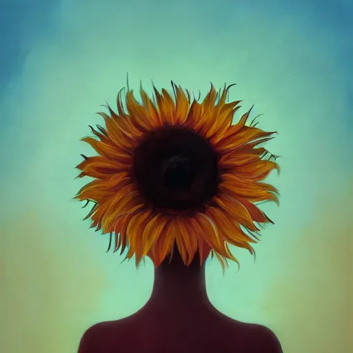 Image similar to closeup, giant sunflower head, woman standing in a luxury apartment, surreal, dramatic light, impressionist painting, digital painting, artstation, georgia o'keeffe