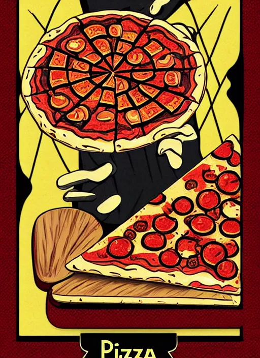 Image similar to tarot card of pizza, meaning tasty food, high quality image, modern digital art, stylish, black and red