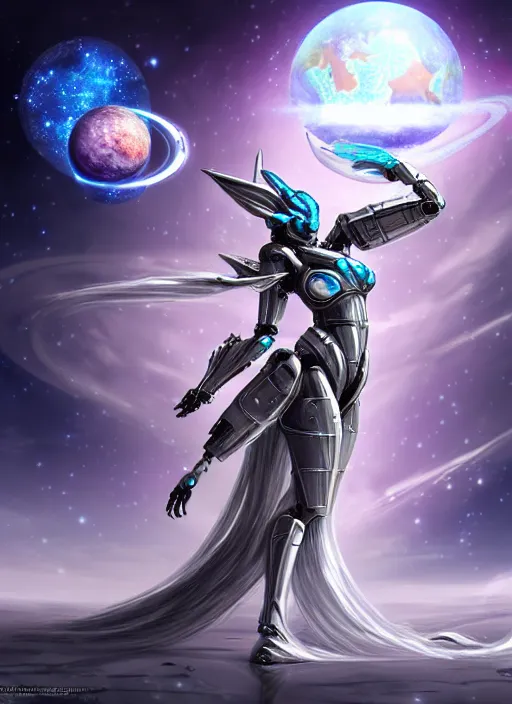 Image similar to goddess shot, galactic sized stunning beautiful anthropomorphic robot mecha female dragon, in space, larger than planets, posing elegantly, holding earth in sharp hand, detailed silver armor, epic proportions, epic scale, ultra detailed digital art, furry art, macro art, dragon art, giantess art, warframe fanart, furaffinity, deviantart, realistic