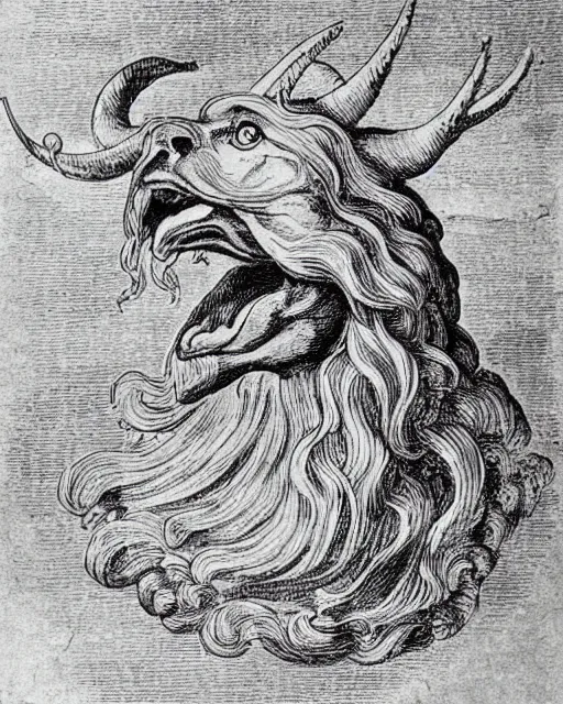 Image similar to a creature with four faces in one, human eyes, eagle beak, lion mane, two horns on the head, drawn by da vinci. symmetrical