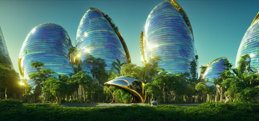 Prompt: futuristic shinny golden iridiscent mirror buildings in an jungle landscape of a solarpunk with overgrown vegetation city by frank gehry and zaha hadid and santiago calatrava, movie poster, golden ratio, evening lighting, film still, realistic, spaceships landing, octane render redshift arnold materials unreal engine, 8 k post production, hyper detailed