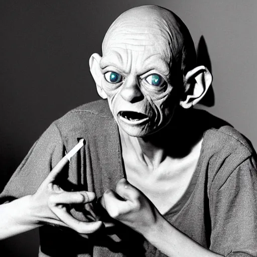 Prompt: gollum smokes cigarette