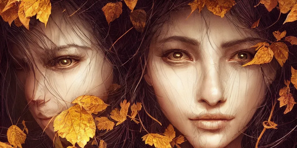 Image similar to golden leaves at frame border, creative!!! composition for a book cover!!!, absurdly beautiful, ultrafine hyperrealistic detailed old witch face by wlop and artgerm and greg rutkowski, intricate linework, sharp focus, smooth, octopath traveler, final fantasy, unreal engine, dramatic lighting, ethereal, 8 k