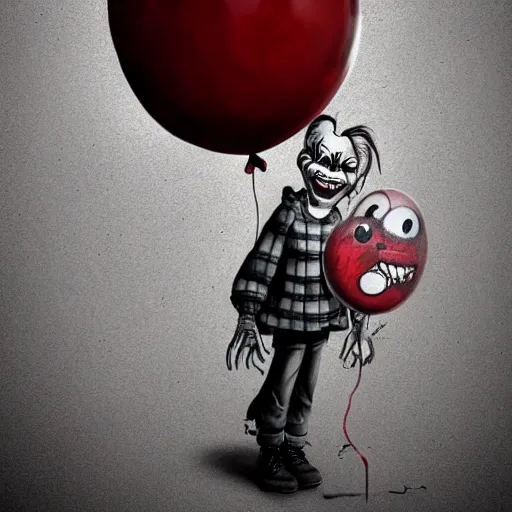 Image similar to surrealism grunge cartoon portrait sketch of the lost man with a wide smile and a red balloon by - michael karcz, loony toons style, pennywise style, chucky style, horror theme, detailed, elegant, intricate