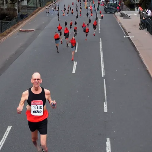 Prompt: A 3 metre tall man running marathon between normal height people