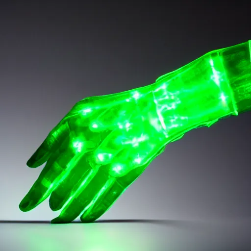 Image similar to a glowing shard of kryptonite held in an open black - gloved hand, pitch black background, glove dimly lit only by the green glow of the kryptonite